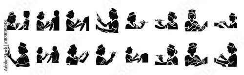 nurse giving injection vector icon set multiple style collection. doctor day silhouette medical symbols for healthcare