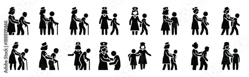 nurse guiding patient vector icon set multiple style collection. doctor day silhouette medical symbols for healthcare