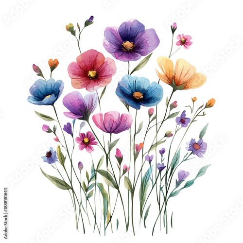 Wildflower Bouquet, playful watercolor vector depicting lively antics and expressive gestures, isolated on a white background.