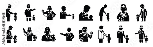 pediatric doctor vector icon set multiple style collection. doctor day silhouette medical symbols for healthcare