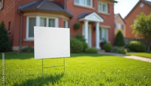Blank lawn sign stands on green grass in front of a red suburban house. Ready for custom text. Real estate marketing concept for property sales. Neighborhood view.