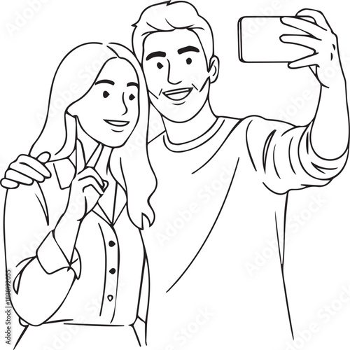 Line art illustration of a happy young couple taking a selfie on a smartphone outdoors