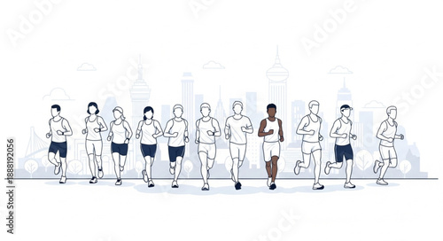 Diverse group of runners participating in a marathon race with city skyline background.