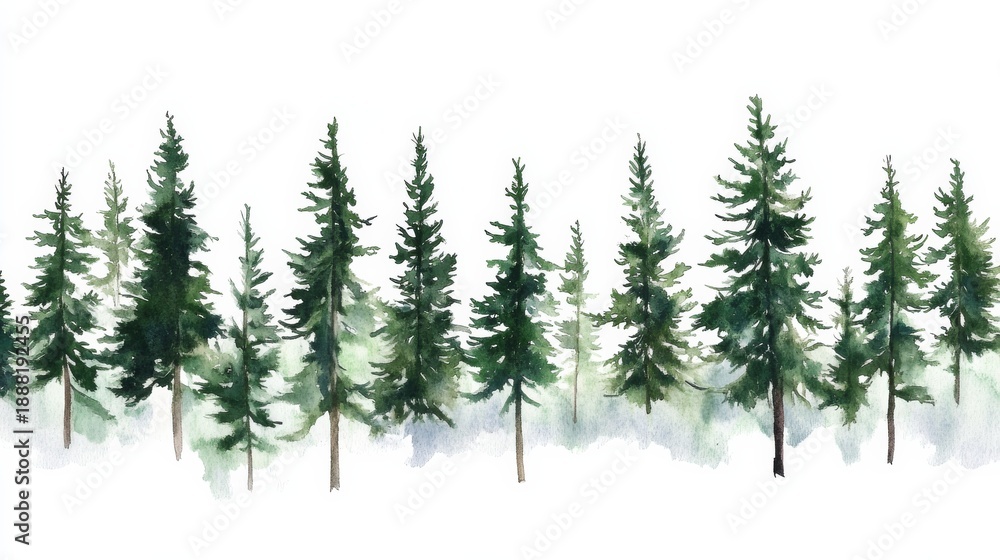 Obraz premium Forest scene of pine trees in watercolor style with mountain landscape in green tones against a white background