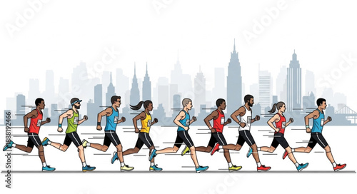 Diverse group of runners participating in a city marathon race.