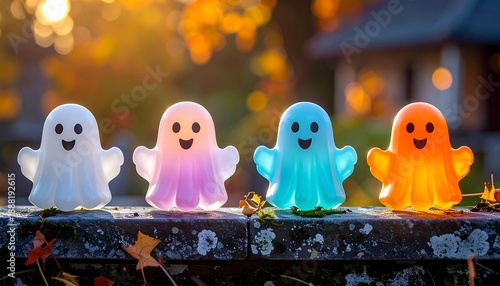 Adorable, glowing, colorful ghost figurines arranged on a stone wall. Autumn colors in background