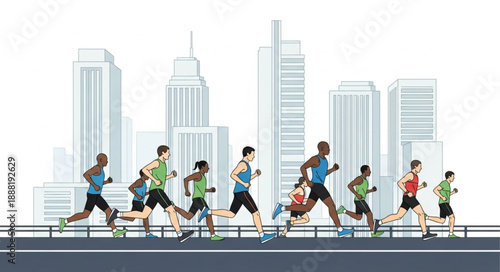 Diverse group of runners participating in a city marathon race.