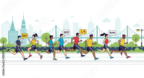 Diverse group of runners participating in a city marathon race.