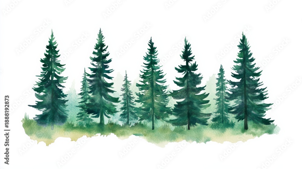 Obraz premium Tall pine trees in a green forest landscape with light mountains in the background on a white canvas