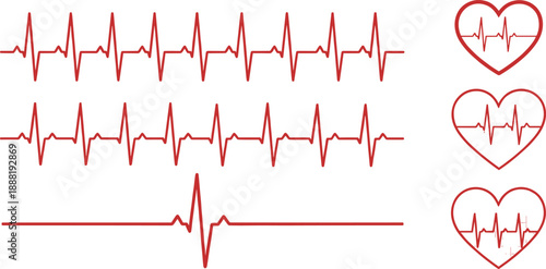 Red ECG heartbeat waveform illustration with heart icons medical cardiology healthcare monitoring symbol isolated on white background vector design concept
