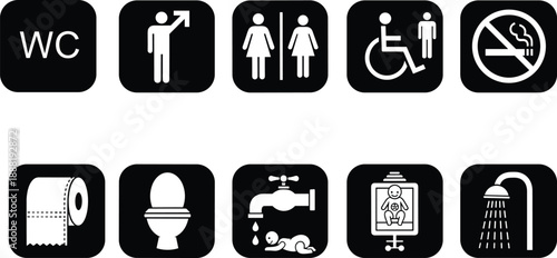 Restroom icons, hygiene symbols, toilet signage vector, accessibility illustration, baby changing station, shower facilities, no smoking sign, public bathroom resources, washroom elements