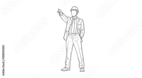 construction professional pointing forward with hard hat symbolizing project management guidance and business directive concept illustration.