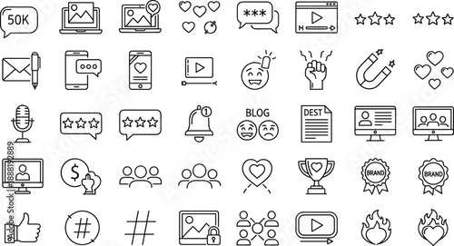 Social media icons, digital communication symbols, online branding graphics, engagement tools, influencer visuals, vector illustration, minimal line art, content creation
