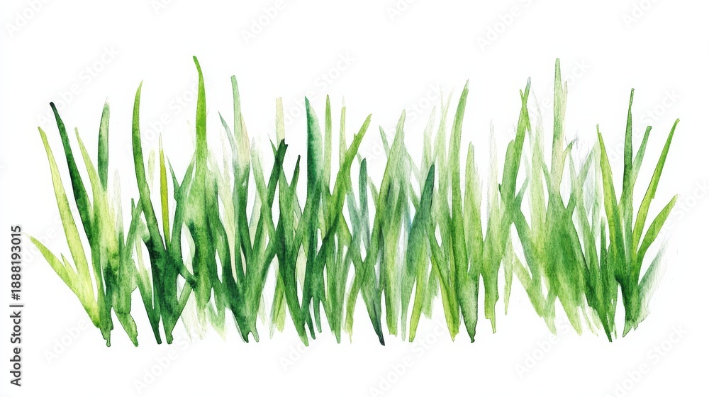 Fototapeta premium Hand drawn watercolor green grass with fine detail and multiple shades on a white background celebrating nature in art
