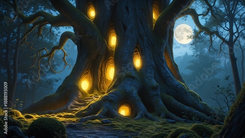 Fantasy tree house with glowing windows under full moon in magical forest, enchanted night scene with copy space