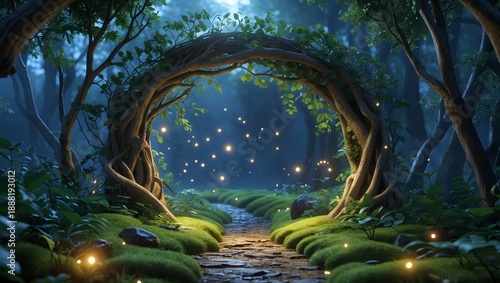 Fantasy forest path with glowing fireflies and twisted vine arch, magical fairytale scene at twilight
