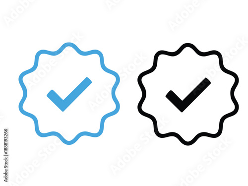 Account verify icon, verified blue badge icon with check mark tick symbol : confirmed, approved, verification icons