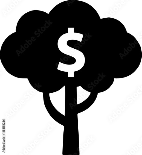 Black tree symbol with dollar sign in cloud shaped leaves on white background