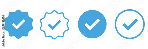 Account verify icon, verified blue badge icon with check mark tick symbol : confirmed, approved, verification icons