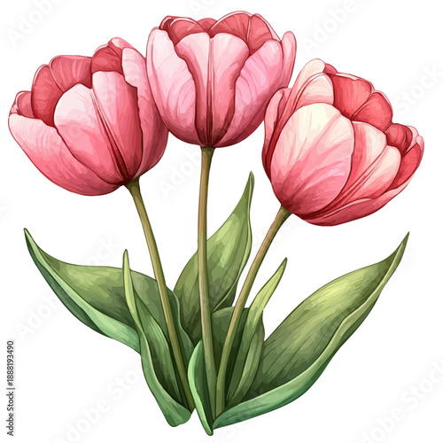 Vibrant Pink Tulips, playful watercolor vector depicting lively antics and expressive gestures, isolated on a white background.