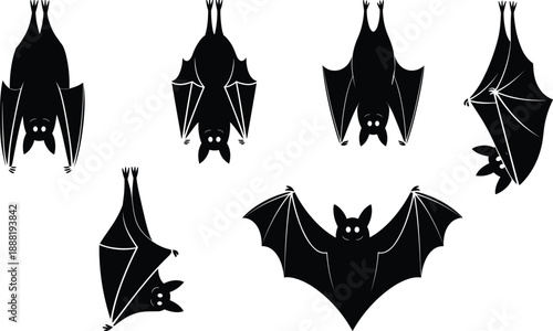 Bat silhouette set, flying and hanging poses collection, spooky nocturnal animal vector illustration, halloween wildlife shapes, isolated on white background