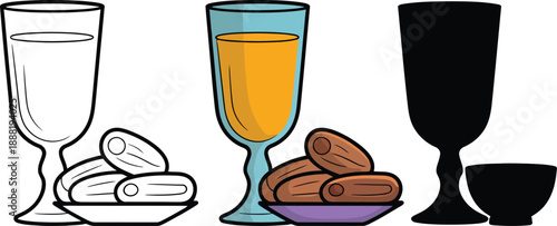 A detailed illustration displaying dates and a drink in outline, color, and silhouette forms