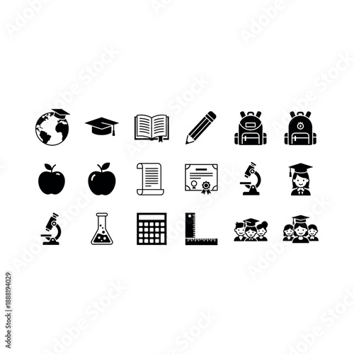 Collection of black education icons on white background, symbolizing learning and academic achievements