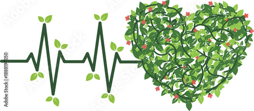 Eco Heartbeat Pulse Turning into Nature Heart - Green Vector Illustration for Health and Environment Concept