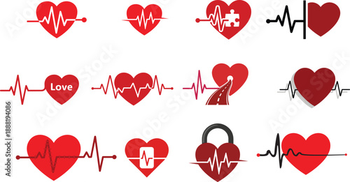 Heartbeat and Pulse Line Icon Set with Red Hearts - Romantic Love Symbols and Medical EKG Life Line Vector Illustrations