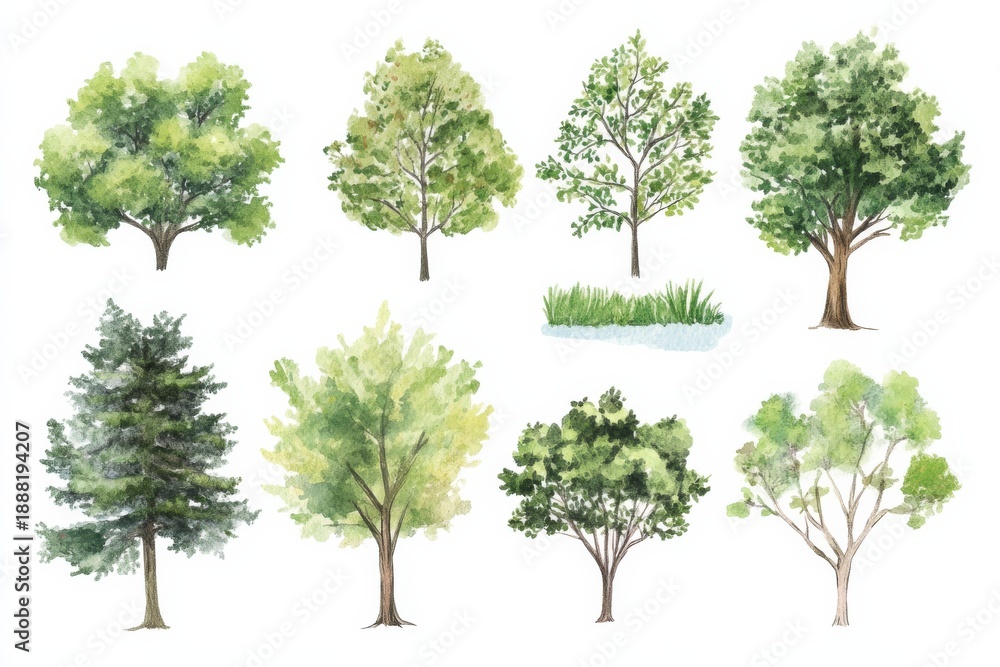 Fototapeta premium Hand drawn watercolor tree set for crafts and designs featuring various styles and shapes of trees and bushes for art projects