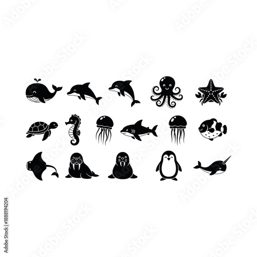 Illustrations of marine animals in black on a white background