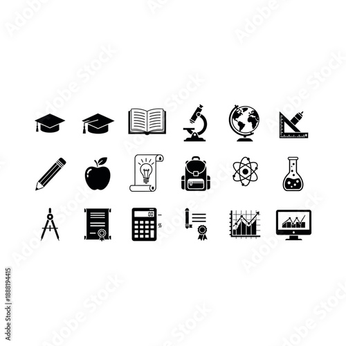 Education icons including graduation cap, book, microscope, and globe on a desk.