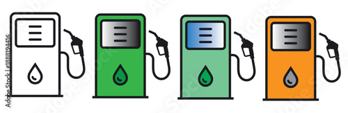 Colorful set of gas pump icons showcasing various fuel station symbols and energy concepts
