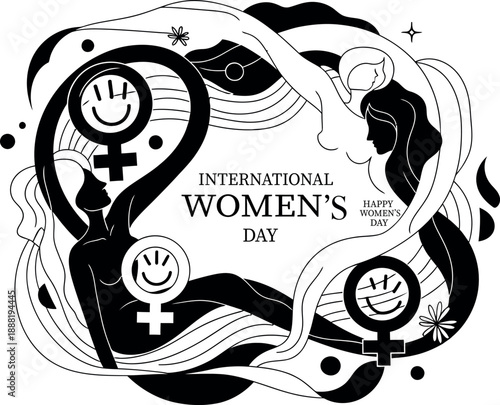 International Womens Day celebration design featuring abstract female figures and gender symbols on a transparent background for empowerment