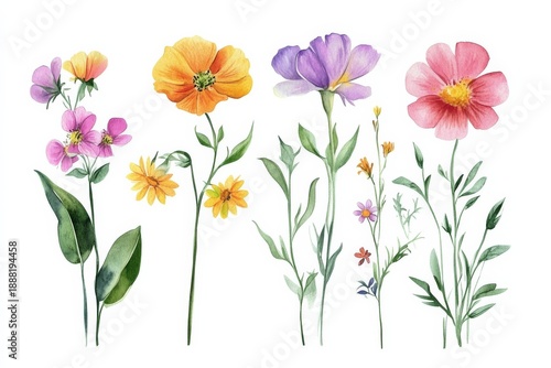 Wild flowers collection hand drawn in watercolor on white background showcasing unique shapes and bright colors