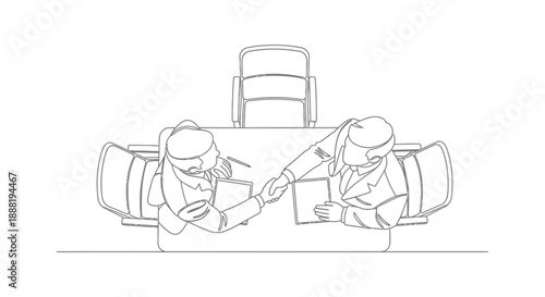 business deal handshake between two professionals at a meeting table top-down perspective symbolizing successful partnership and collaboration.