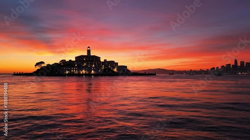 Dramatic Sunset Over Alcatraz Island and San Francisco Skyline, Orange and Pink Sky Reflection on Water