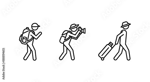 travel icon set featuring diverse stick figure travelers on a journey backpacking photographing and pulling luggage for modern web ui and app design.