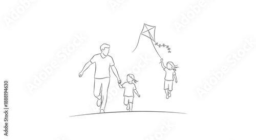 family flying kite together outdoors illustrating childhood joy and parental bonding in a simple line art drawing for leisure concepts