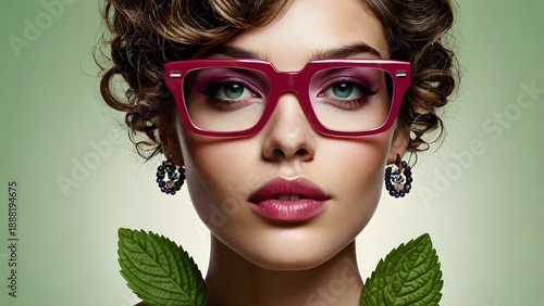 Glamorous young woman in red sunglasses with raspberry eye makeup portrait