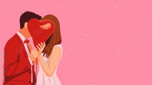 Romantic Couple Kissing Behind Red Heart Balloon on Pink Background, Valentine’s Day Love Concept	

