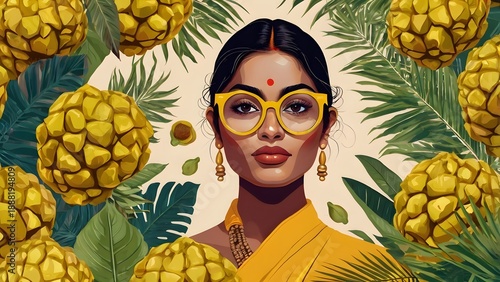 Vibrant young South Asian woman holding tropical fruit on yellow background