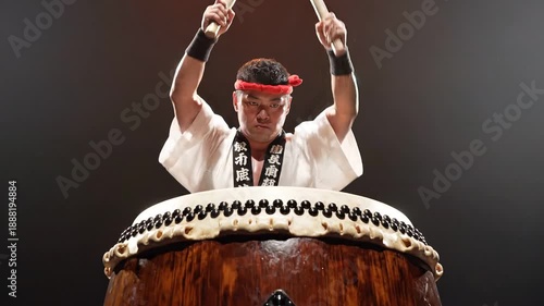 Taiko Drummer Performing Traditional Japanese Drumming.