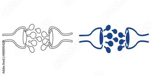 Neural Synapse and Neurotransmitter Release Icon . Biological Intelligence and Brain Cellular Communication Concept, Blue Outline and Bold Line Art Vector