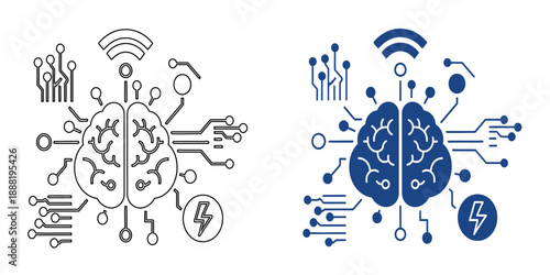 Advanced AI Neural Network Hub and IoT Brain Icon , Generative Artificial Intelligence and Smart Data Infrastructure Concept, Blue Outline and Bold Line Art Vector