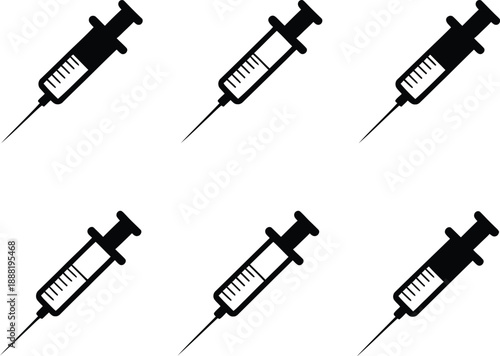 Pattern of six black minimalist syringe icons representing medical procedures and vaccination