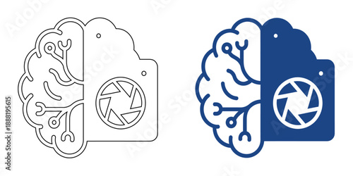 AI Visual Intelligence and Machine Vision Icon, Artificial Intelligence Camera Lens and Creative Thinking Concept, Blue Outline and Bold Line Art Vector Set