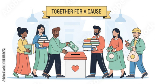 Diverse people donating books and money for charity event.