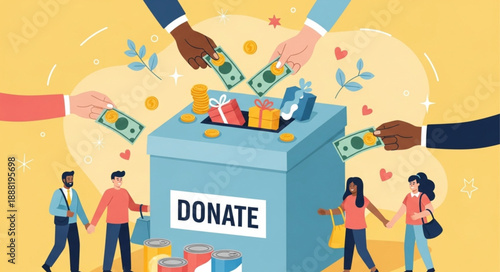 Diverse Hands Donate Money and Gifts to Charity Box.