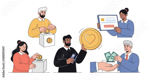 Diverse people donating money and coins for charity.